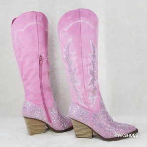 Anniston Baby Pink / Rhinestones Glamour Country Western Cowgirl Knee Boots